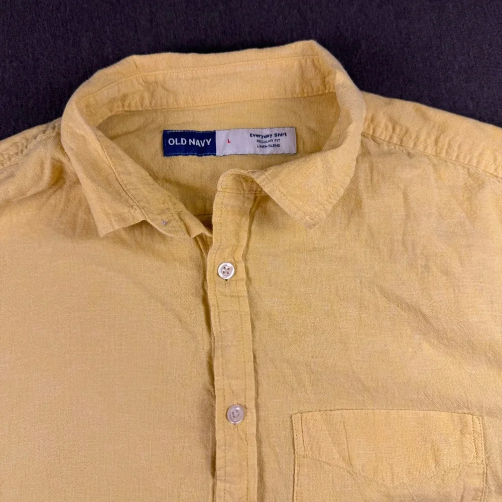 Old Navy Mens Everyday Shirt‎ Regular Fit Linen Blend Short Sleeve Yellow Large